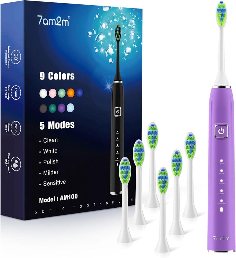 7AM2M Ultrasonic Electric Toothbrush with 6 Brush Heads for Adults&Kids, One Charge for 120 Days, USB-C Charge, 5 Modes, 40000VPM Powered Toothbrush, 2 Minutes Built in Smart Timer (Purple) - Image 1